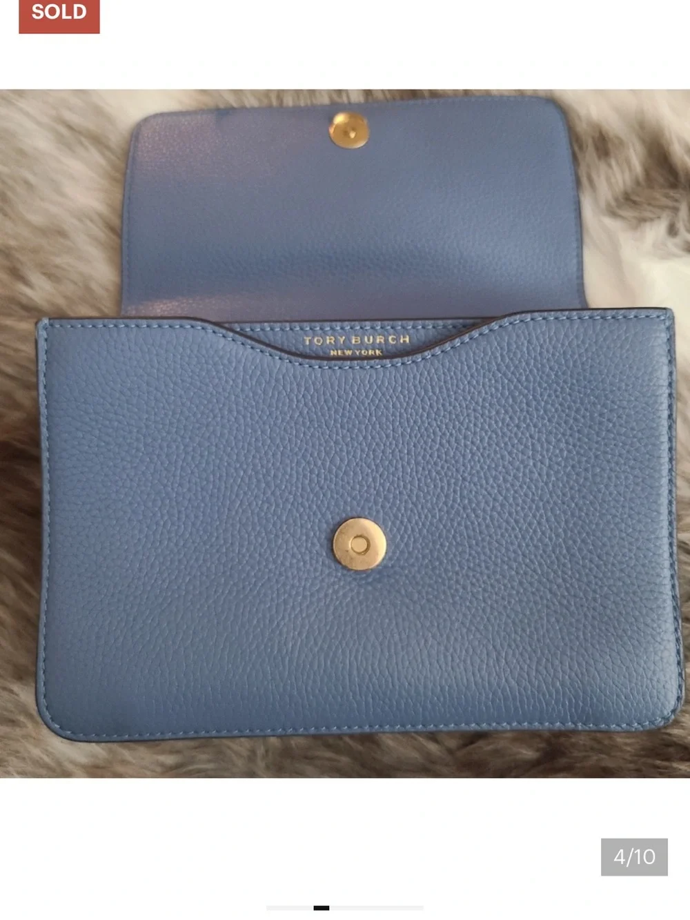 Tory Burch Navy Pebbled Leather Crossbody with Gold Logo Chain